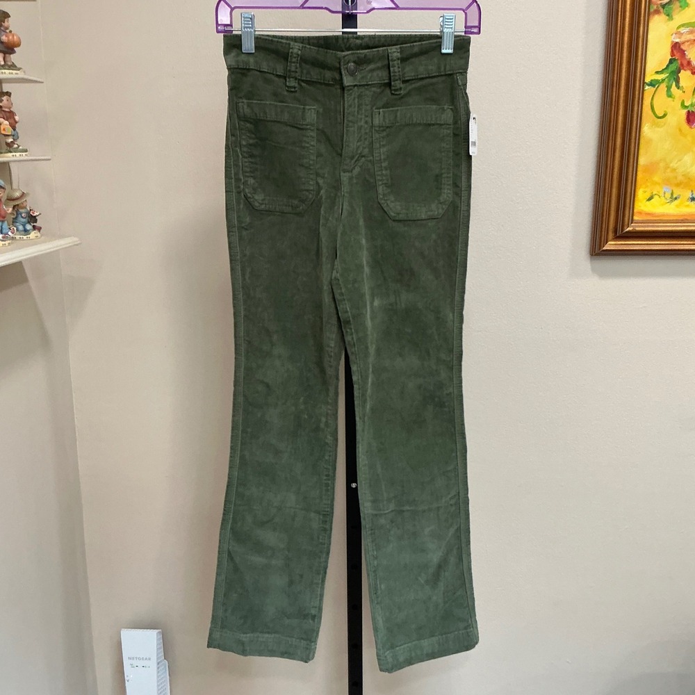 Free People Corduroy Pants Chive Green 0 High Rise Front Patch Pocket Straight